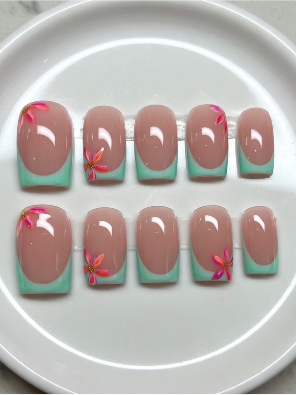 Nude & Mint French Press-On Nails with Pink Floral Accent